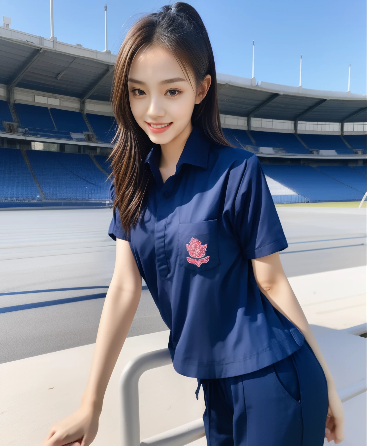 (bestquality,10,10,highres,masterpiece:1.2),ultra-detail,(Realistic,photorealistic portrait,photo-realistic:1.37),1 Cute girl in the football field,oily shiny skin,bara,light smile,BDclothelue shirt:1.3)),short sleeves,shirt, trousers.,(navy_long_Pants Track:1.1), ((Stadium Background:1.3)),dynamic angle,excited,face focus,Dynamic Poses,from behide,Ass Focus,masterpiece, bestquality, ultra realistic, hyper-detail, 8k resolution, RAW photo, crisp focus, ((Navy blue shirt:1.1)), short sleeves, Long Path, Perfect body, 2 mature women, 18yo, cinematic light,Blue sweatpants,Gymware,Correct anatomy,Complete body, Correct body, sharp face, Anatomically correct body, full entire body, Realistic gestures, long-haired, Realistic poses,Wear long shorts.............................................,Long leg span,Shapely,Sculpting Girl, Slender Figure, mannequin mannequins, Shapely, Beautiful body,Blue sweatpants, Two girls kissing