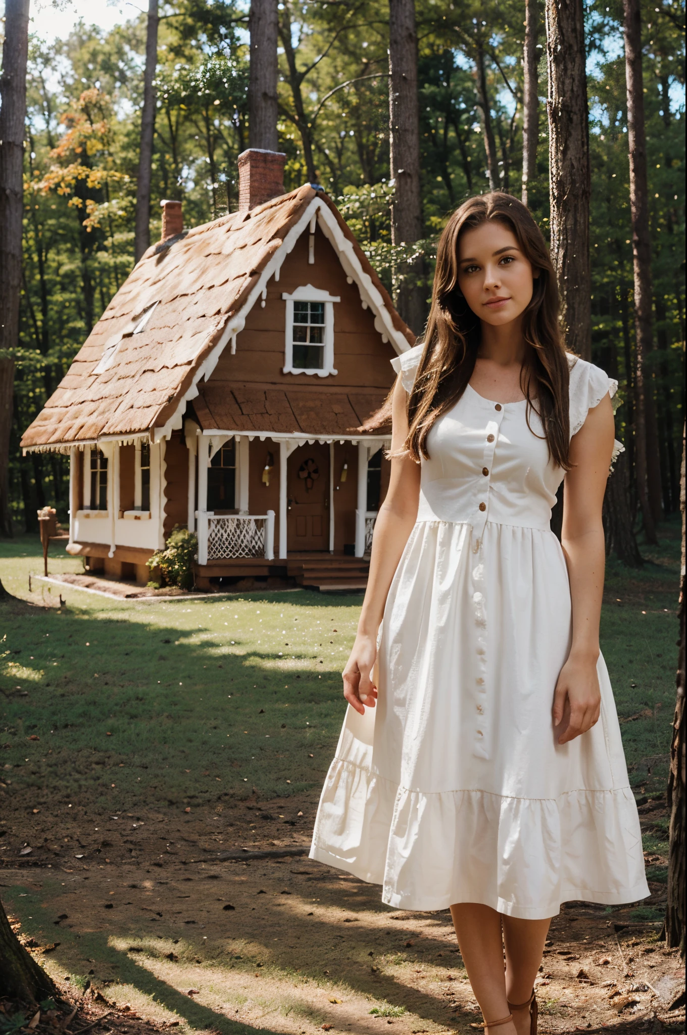 A white woman with brown hair in a fabulous dress stands near a gingerbread house on the edge of the forest