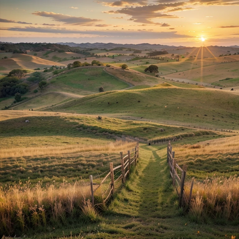 Picture a vast ranch, where rolling hills adorned with golden grass stretch as far as the eye can see. A gentle breeze whispers through the tall blades, causing them to sway like a mesmerizing dance. The sun, beginning its descent, paints the sky with warm hues of orange and pink. In the distance, a herd of horses grazes peacefully, their silhouettes against the backdrop of the setting sun creating a scene of tranquility. A rustic wooden fence meanders through the landscape, adding a touch of charm to this picturesque ranch.