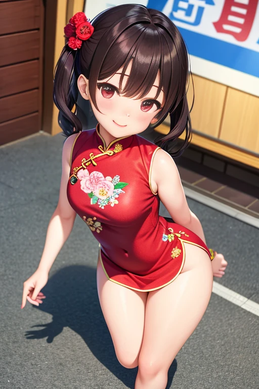 ultra - detailed，tmasterpiece，Best quality，love letter，blush blush，Yazawa Nico,red eyes, On the cheongsam,face flushed,Blunt hair,Curved body, On the ground, Beat the , upper legs，chubbiness，ssmile，both hands on hip，The perspective is viewed from the bottom up，