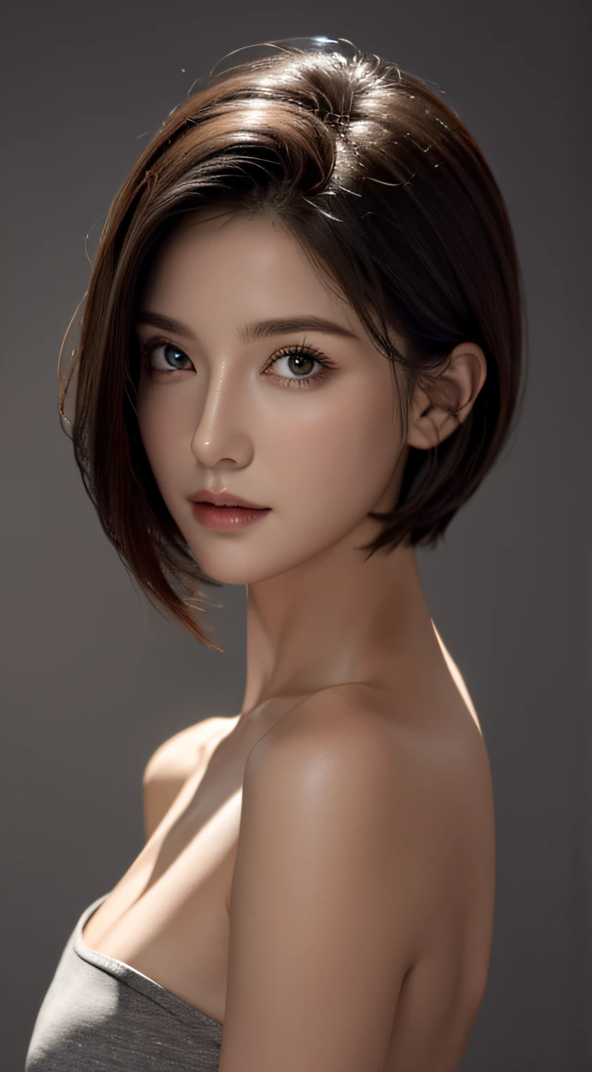 Skin Tight Black Top:1.2, Looking at Viewer, Cinematic lighting, Perfect, softlight, High resolution skin:1.2, Realistic skin texture, 30 years old mature woman、a small face、no-makeup、, off shoulders,Bust B Cup、 Exposed cleavage, Red Eyes, Short hair, dark brown hair、fullnude、Gray background、