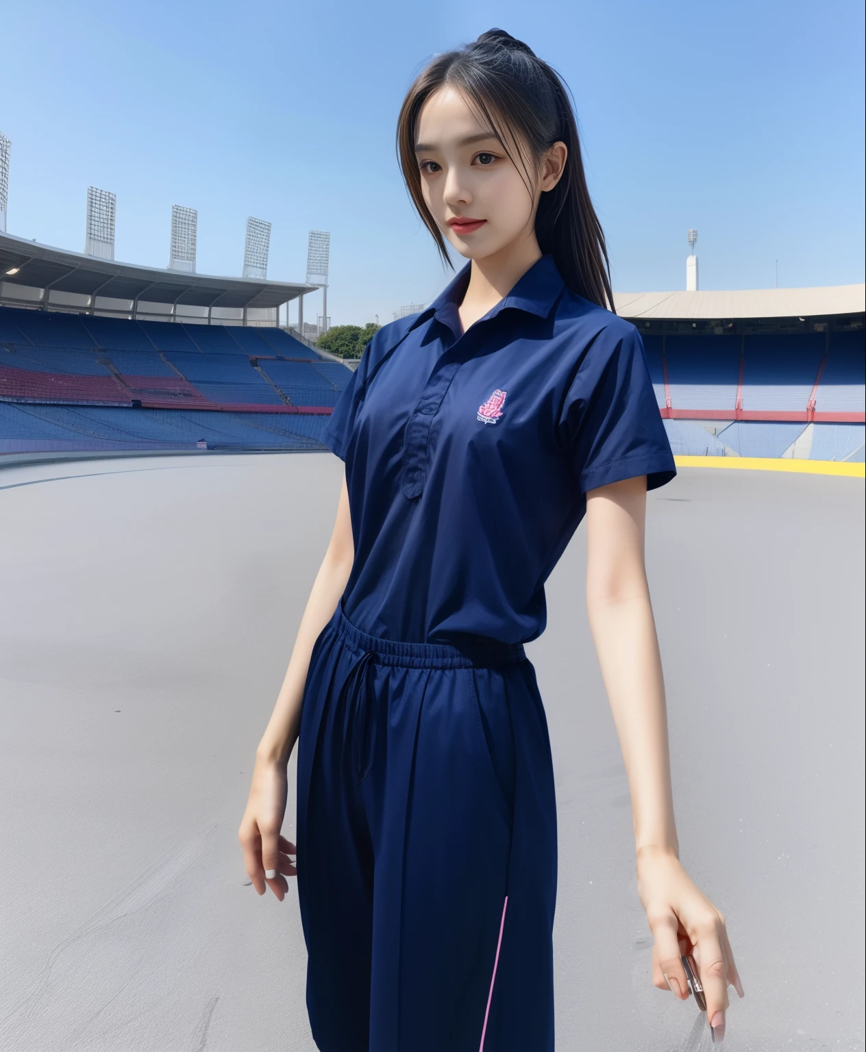 (bestquality,10,10,highres,masterpiece:1.2),ultra-detail,(Realistic,photorealistic portrait,photo-realistic:1.37),1 Cute girl in the football field,oily shiny skin,bara,light smile,BDclothelue shirt:1.3)),short sleeves,shirt, trousers.,(navy_long_Pants Track:1.1), ((Stadium Background:1.3)),dynamic angle,excited,face focus,Dynamic Poses,from behide,Ass Focus,masterpiece, bestquality, ultra realistic, hyper-detail, 8k resolution, RAW photo, crisp focus, ((Navy blue shirt:1.1)), short sleeves, Long Path, Perfect body, 2 mature women, 18yo, cinematic light,Blue sweatpants,Gymware,Correct anatomy,Complete body, Correct body, sharp face, Anatomically correct body, full entire body, Realistic gestures, long-haired, Realistic poses,Wear long shorts.............................................,Long leg span,Shapely,Sculpting Girl, Slender Figure, mannequin mannequins, Shapely, Beautiful body,Blue sweatpants, Two girls kissing