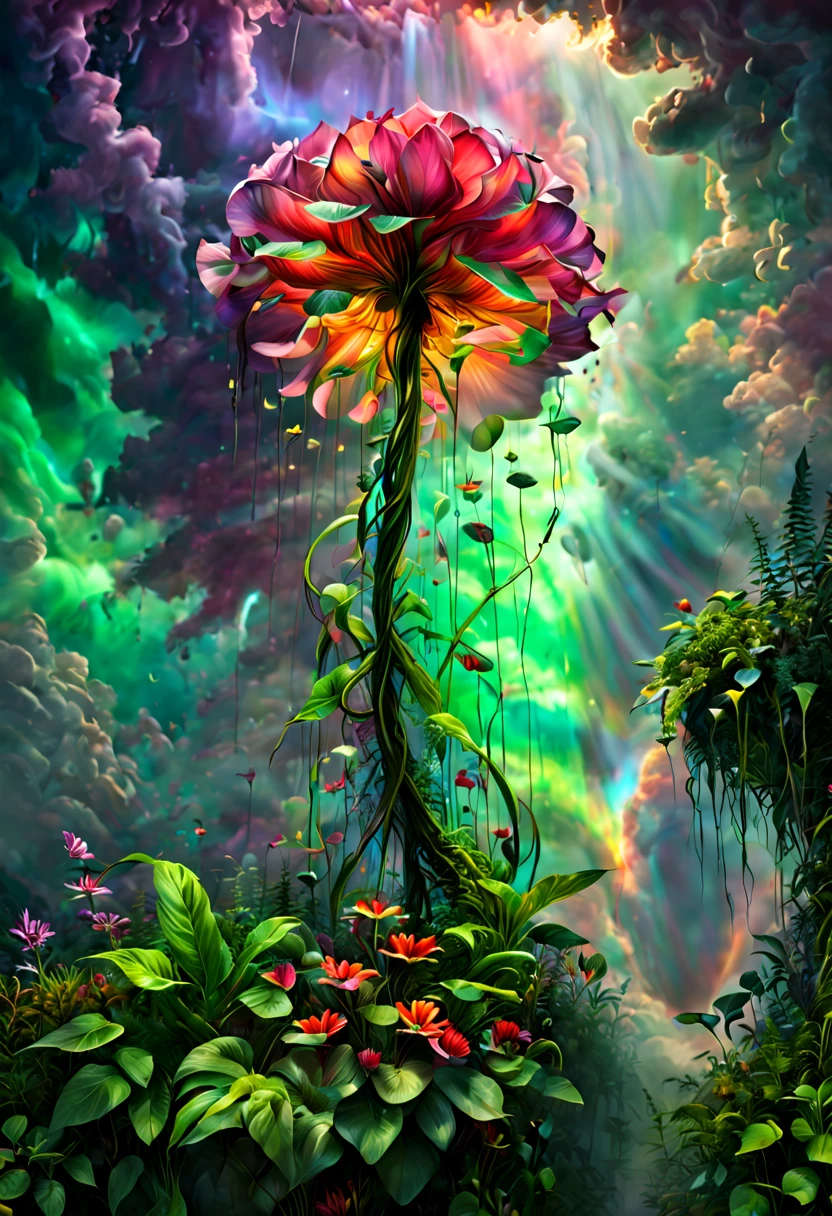 Magical Plants forest, by Gabriel Dawe, a burst of tangy crimson cascades, petals like fireflies in the same flow of green in the night, purple light, all sorts of strange plants thriving in the clouds, tengman, bramblefix, hierarchical form, octane render, intricate, (best quality, masterpiece, Representative work, official art, Professional, unity 8k wallpaper:1.3)