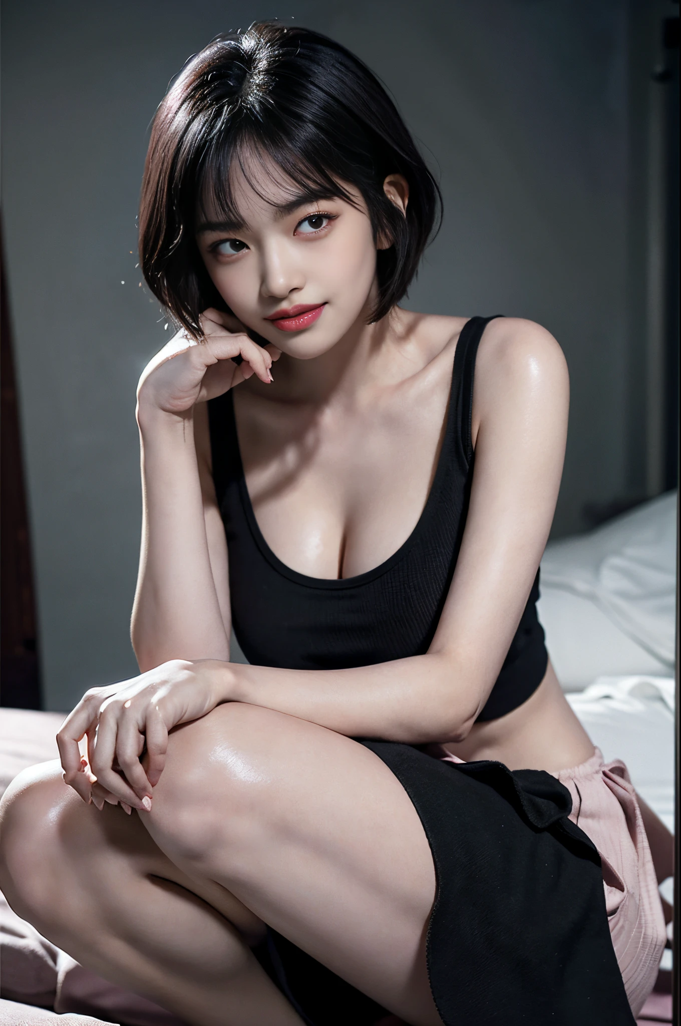 short hair, bangs, black hair, big round breasts, pink tank top, short skirt, (beautiful eyes in detail, half eyes closed: 1.4, eyelashes, beautiful double eyelids), beautiful thin legs, (seductive look, quizzed look, evil smile), cowboy shot, big bed in suite, woman kneeling