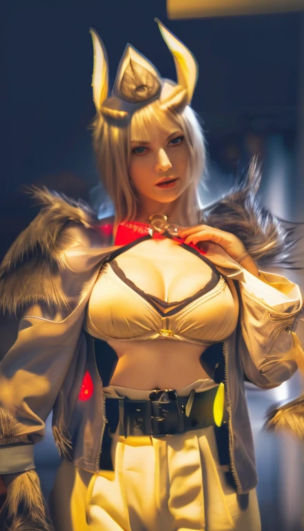 cleavage, breasts, (sharp focus:1.2), portrait, ((posing)), (beautiful face:1.1), detailed eyes, luscious lips, ((skindentation)), (bright studio lighting:1.2), depth of field, bokeh, 4K, HD