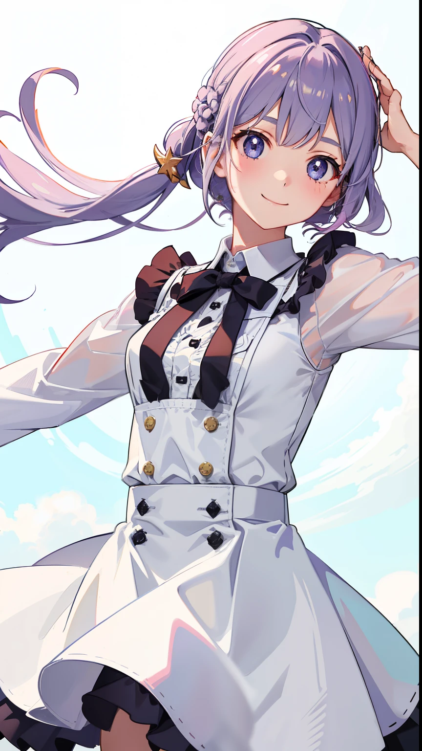 1girl in、A smile、Light in the eyes、The shirt、Blouse、skirt by the、pinafore、hair ornament costume、（small tits）Chilarism、movement、Upper body portrait、