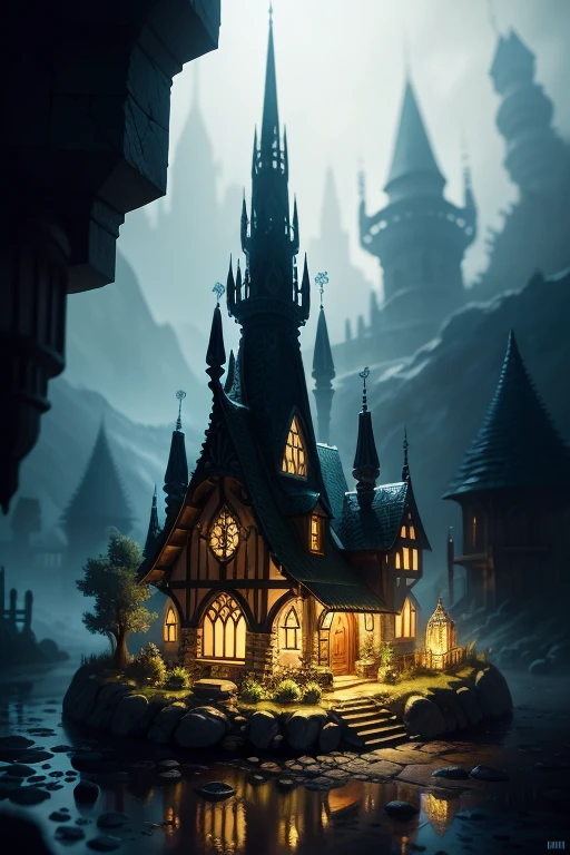 Microlandscape,Elven village, cleanness,Glass texture,intricate detailed, Brilliant colors,Magical art, no mist, black background