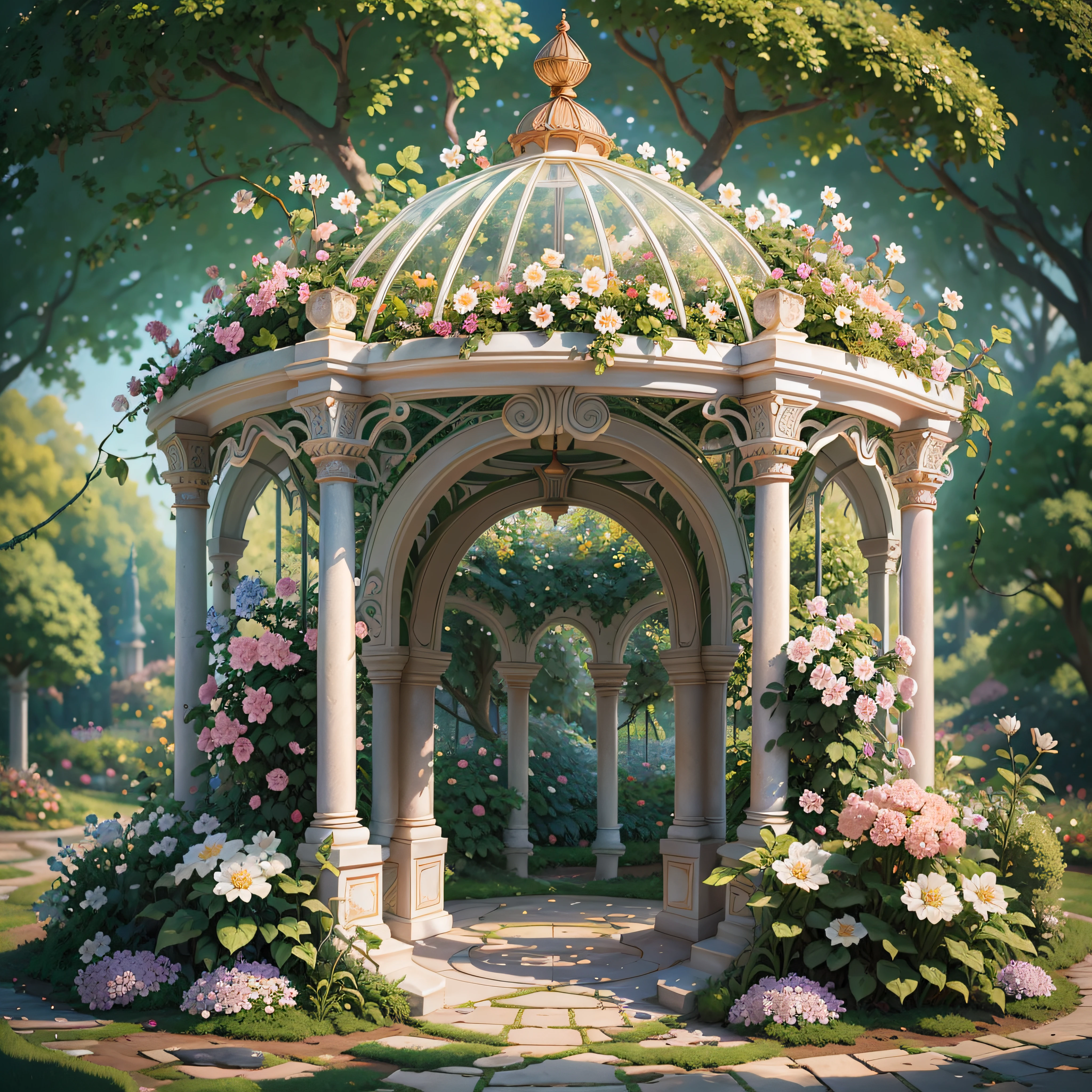 There is a gazebo，full of flowers and vines, royal garden background, beautiful render of a fairytale, , beautiful high resolution, Garden background, dreamy and detailed, Detailed landscapes, background artwork, high detal), well rendered, floral environment, pillars, Beautiful images, realistic garden, gazebo, arbor