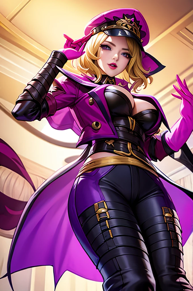 (tmasterpiece, Best quality:1.2), Complicated details, Soul Fighter Evelyn, 1 sister, Cropped jacket, has cleavage, trouser, Short hair details, Blonde hair, LOP, Purple lips, from below