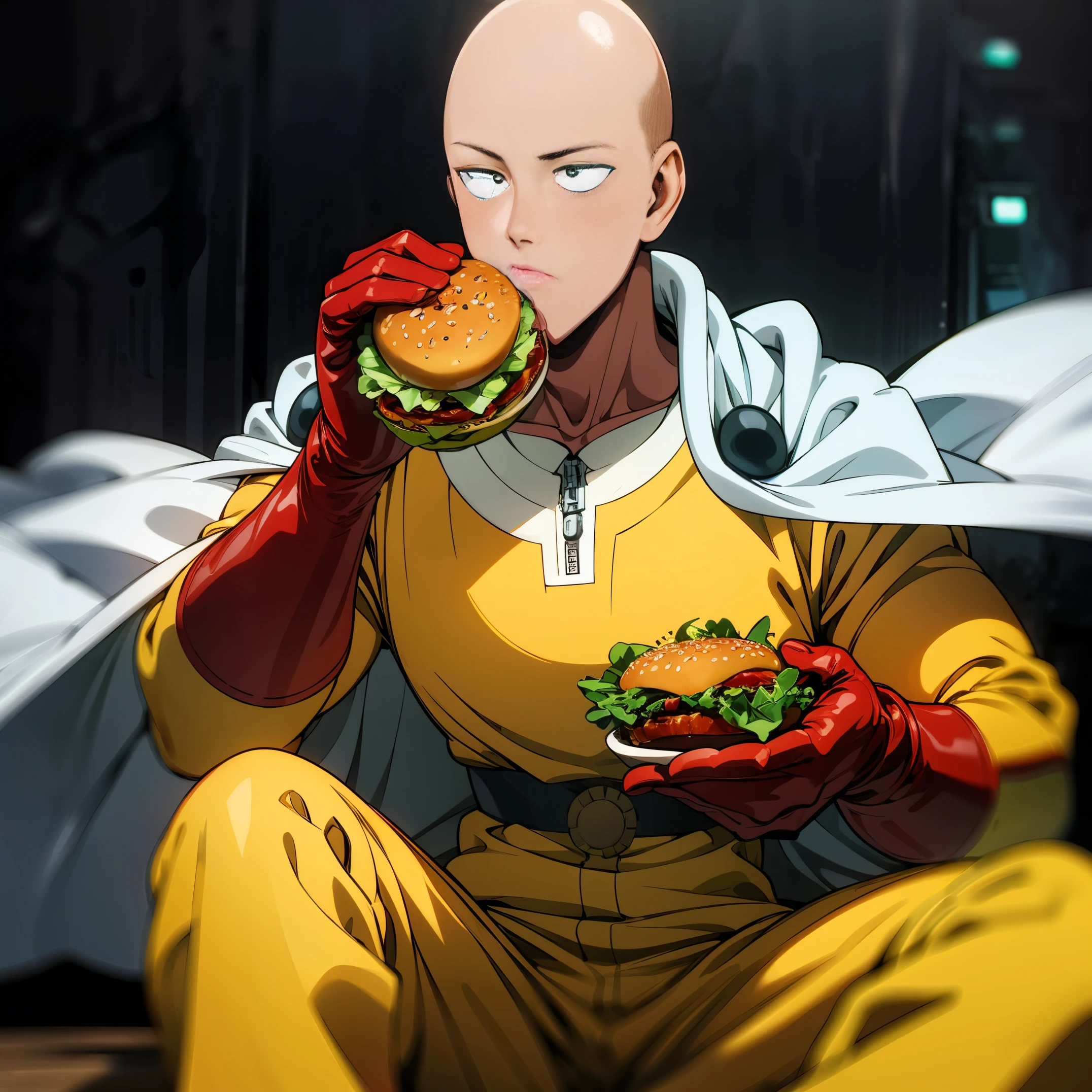 masterpiece, best quality, 1boy, (saitama), bald head, black eyes, red gloves, yellow clothes and white cape, siting and eating burger, fast food, close up shot, eating, holding burger, eating, detailed face, sitting, male focus, movie composition, deth of field, bokeh, cinematic (futuristic), (full body),