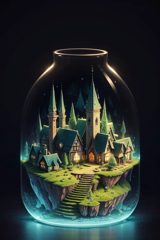 Microlandscape，Pixie village, cleanness，Glass texture，intricate detailed, Brilliant colors，Magical art, no mist, black background