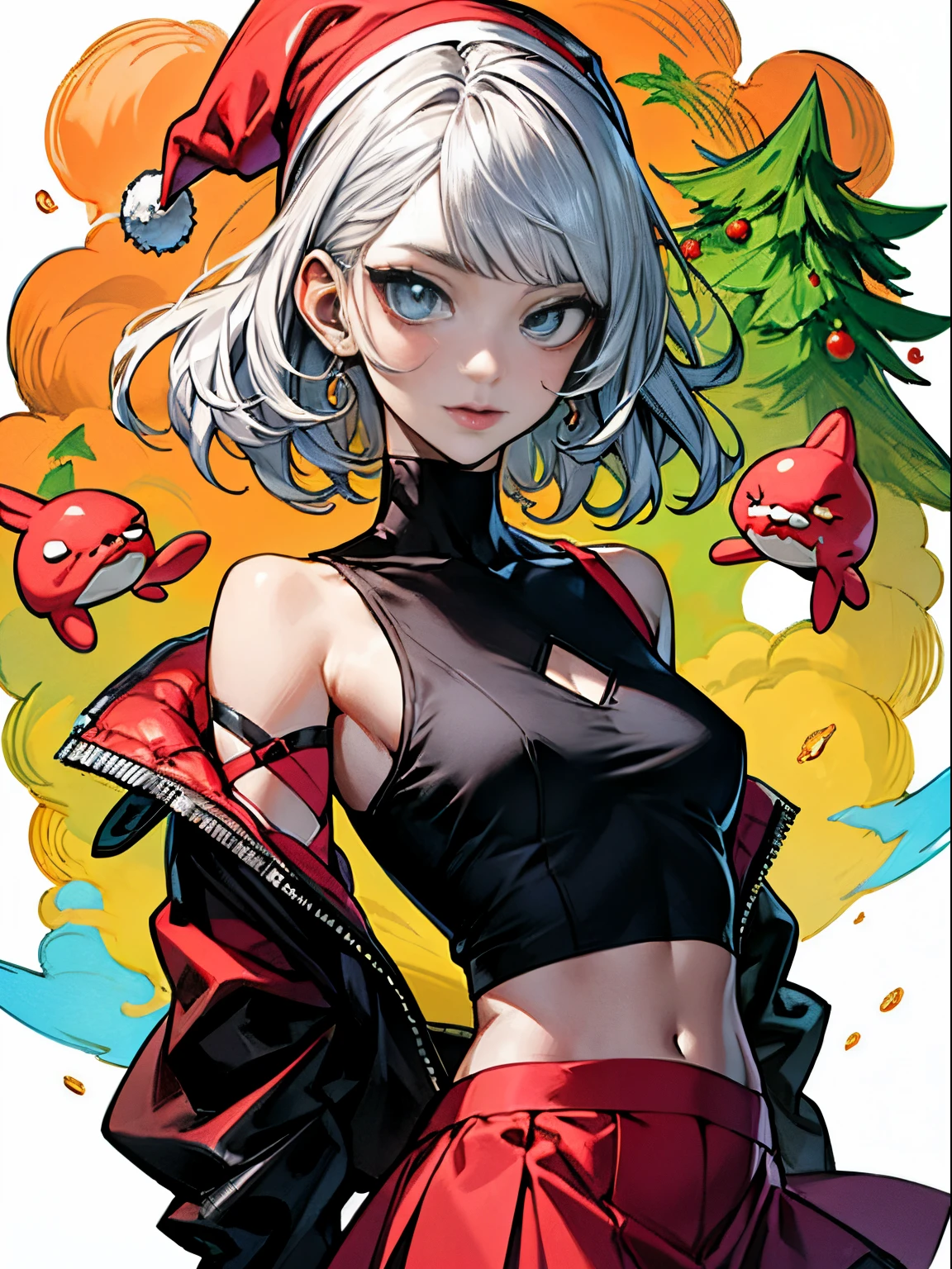 Anime-style image，A woman wearing a santa hat and leather costume, v from demons may cry like elves, badass anime 8 k, Ilya Kuvshinov sty. 4k, best anime 4k konachan wallpapers, Popular topics on cgstation, 8K high quality detail art, Very detailed ArtGerm, Anime style 4k