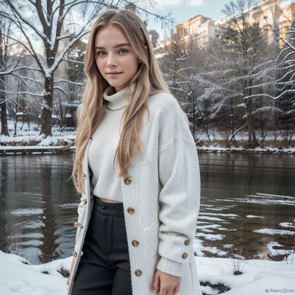 Nikon Z 85mm, Beautiful, one Petite 20-year-old supermodel, long blond hair, Bright gray eyes, ((High detailed skin, Skin Details)), Sharp Focus, 8K UHD, Digital SLR, High quality, gorgeous russian face, smiling, very realistic, wearing white fur coat, and turtle neck sweater, black pants. standing by a river. top perspective. Snow trees on background