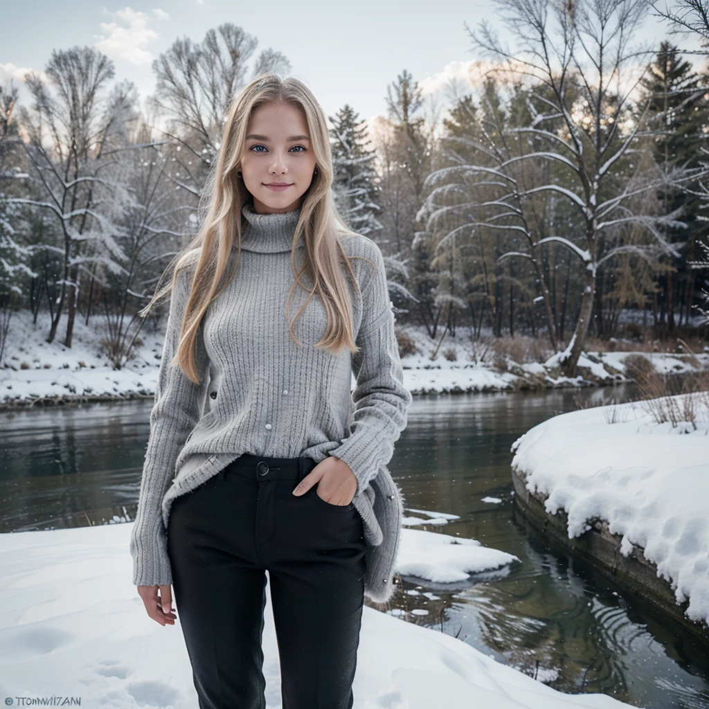 Nikon Z 85mm, Beautiful, one Petite 20-year-old supermodel, long blond hair, Bright gray eyes, ((High detailed skin, Skin Details)), Sharp Focus, 8K UHD, Digital SLR, High quality, gorgeous russian face, smiling, very realistic, wearing white fur coat, and turtle neck sweater, black pants. standing by a river. top perspective. Snow trees on background