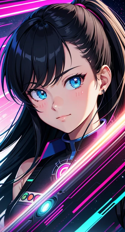 best quality, 4K wallpaper, masterpiece, extremely detailed CG unity 8k wallpaper, extremely detailed eyes, ultra-detailed, intricate details, masterpiece, best quality, 1girl, city pop, akira, night, neon lights, looking at viewer, body at an angle, slight smile, vector illustration, 80s clothing, long hair, 80s, synthwave, abstract background, graphic, manga, 80s anime, retro poster