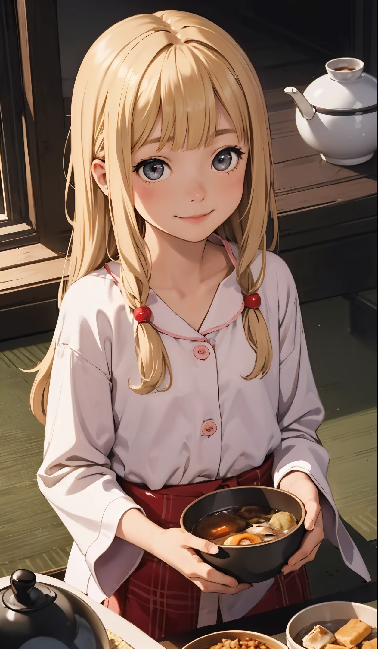 Perfect picture,,{Girl in Pajamas}{Duan,Kotatsu}(surround the pot){Beautiful }{hedonism},{dining,Oden},8  girl,4K picture quality, Cinematic,,{Gamine},{small body and chest,,,,,,} Longhaire,a blond,cute expression,face perfect,｛girl showing a smile｝