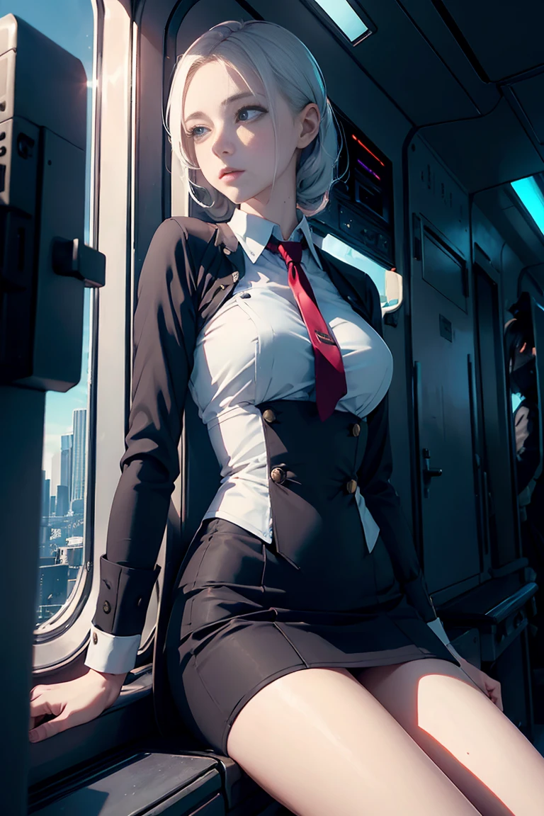 (1girls:1.3), soli, __body-parts__ sensitive & Realistic skin, pale skin, Large, official arts, 16k Unified Wallpaper, 極端なディテール, Beauty and Aesthetics, beautiody, Masterpiece, beste-Qualit, in cyberpunk city, Wonderful atmosphere., Calm color palette, calm temperament,, light shadow, Flight attendant uniform, fascinating