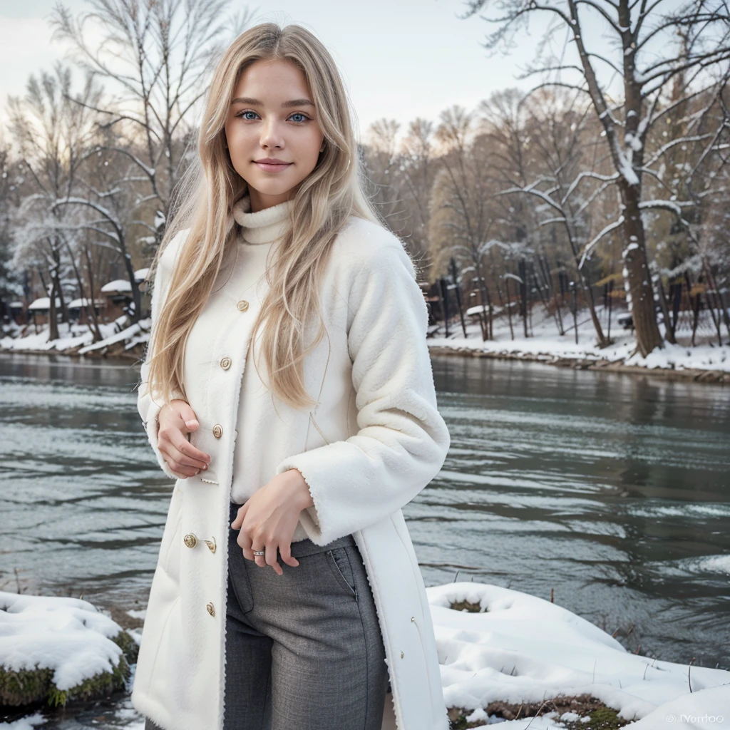 Nikon Z 85mm, Beautiful, one Petite 20-year-old supermodel, long blond hair, Bright gray eyes, ((High detailed skin, Skin Details)), Sharp Focus, 8K UHD, Digital SLR, High quality, gorgeous russian face, smiling, very realistic, ((wearing white fur coat)), and turtle neck sweater, black pants. standing by a river. top perspective. Snow trees on background