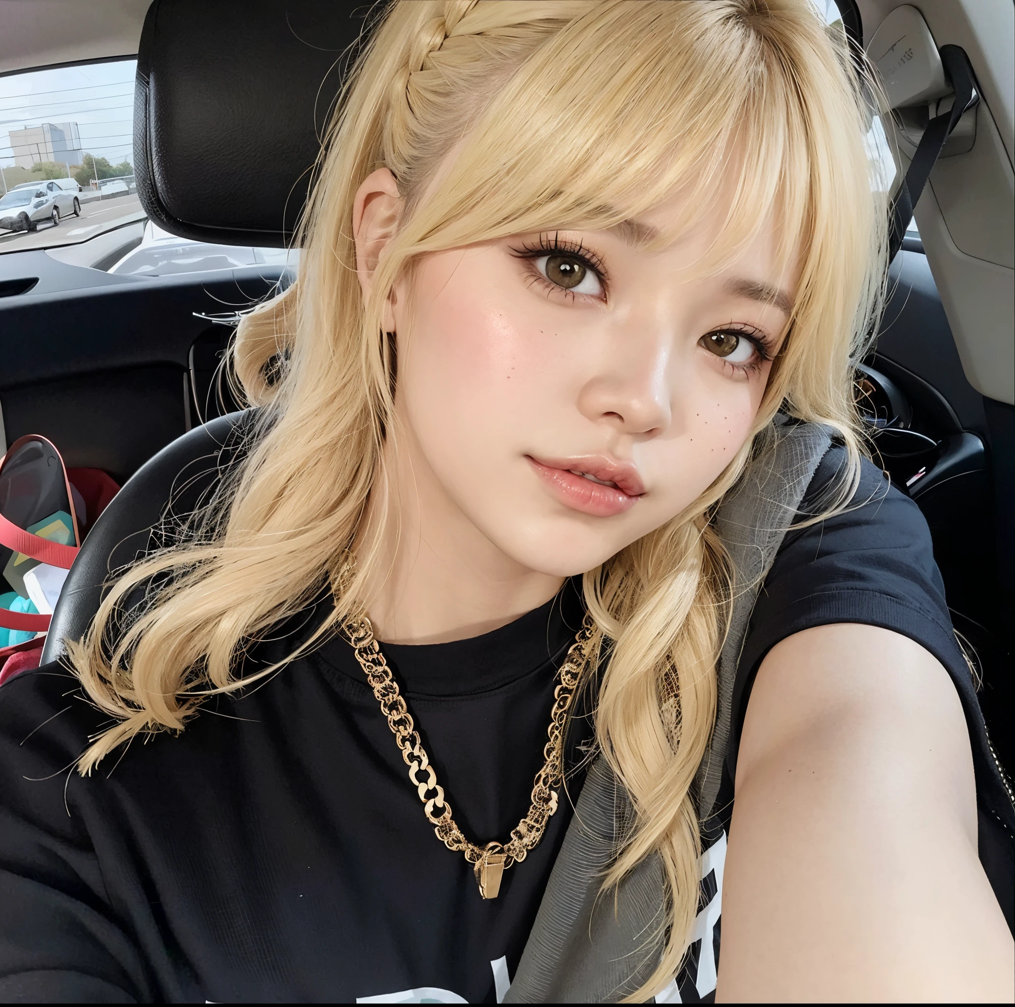 garota loira com cabelo comprido e camisa preta sentada em um carro, Lalisa Manobal, Lalisa Manoban do Blackpink, com franja completa, com franja, Parque Roseanne do Blackpink, Ulzzang, uma menina com cabelo loiro, franja fofa, cabelo arrumado com franja, com rosto redondo, menina coreana, O corte Hime, franja central separada
