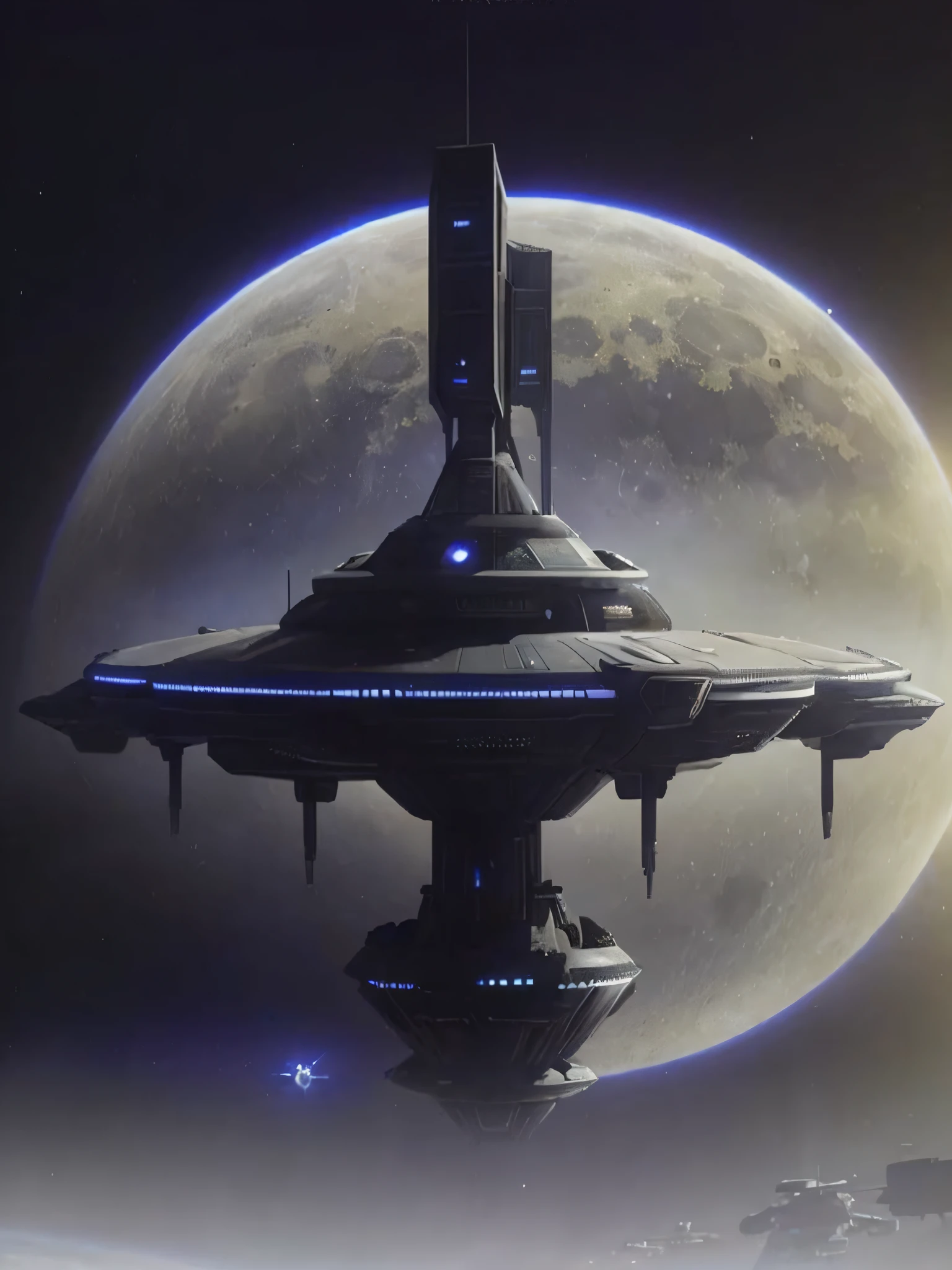 Spaceship flies over planet with moon as background, sci-fi temple appearance, future spaceport, megastructure in the background, scifi space station, Epic mega buildings, Future space station, spaceship in background, futuristic base, epic beautiful space scifi, Huge future temple city, space opera and dystopian style, futuristic palace, scifi base, mass effect artifacts