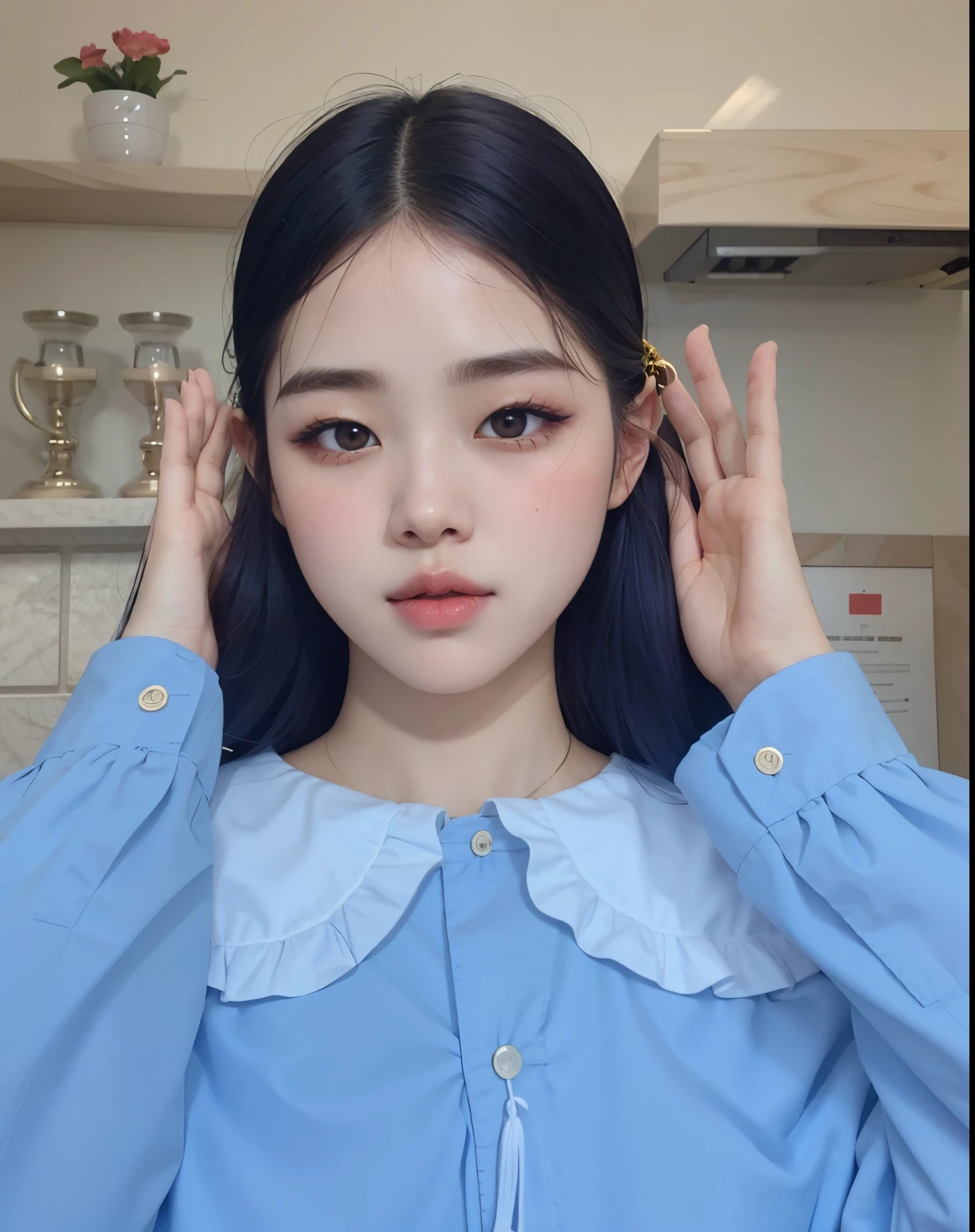 hay una mujer que se lleva las manos a las orejas, Retrato suave disparado 8K, Jaeyeon Nam, Joven y adorable rostro coreano, con cara redonda, Wan adorable cara coreana, con mejillas redondas, ulzzang, pale round face, Retrato de Jossi de Blackpink, Cara suave y redonda, Korean symmetrical face, portrait of female Korean idol, Retrato realista kawaii
