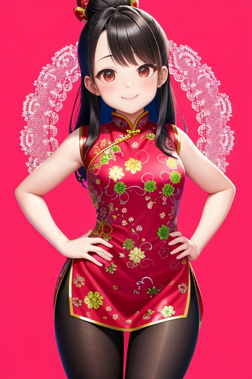 ultra - detailed,tmasterpiece,Best quality at best,love letter,blush blush,Yazawa Nico,red eyes, On the cheongsam,face flushed,Blunt hair,Curved body, On the ground, Beat the , upper legs,chubbiness,ssmile,both hands on hip,The lens is from the bottom up,