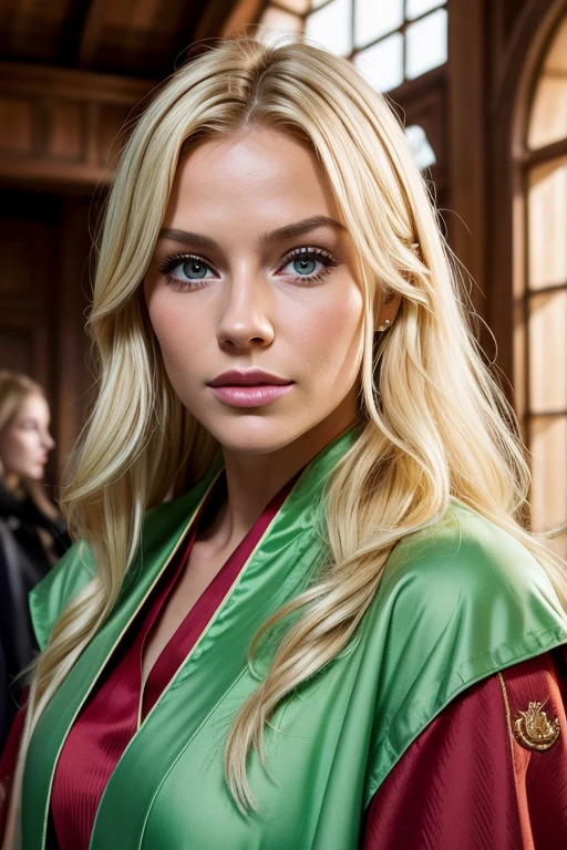 A blonde woman and young green women, Steh auf, Planen Sie den gesamten Vorgang, habillée with a robe rouge. Facial fin and nice details, offenes Hemd, sidecut, hair above one eye