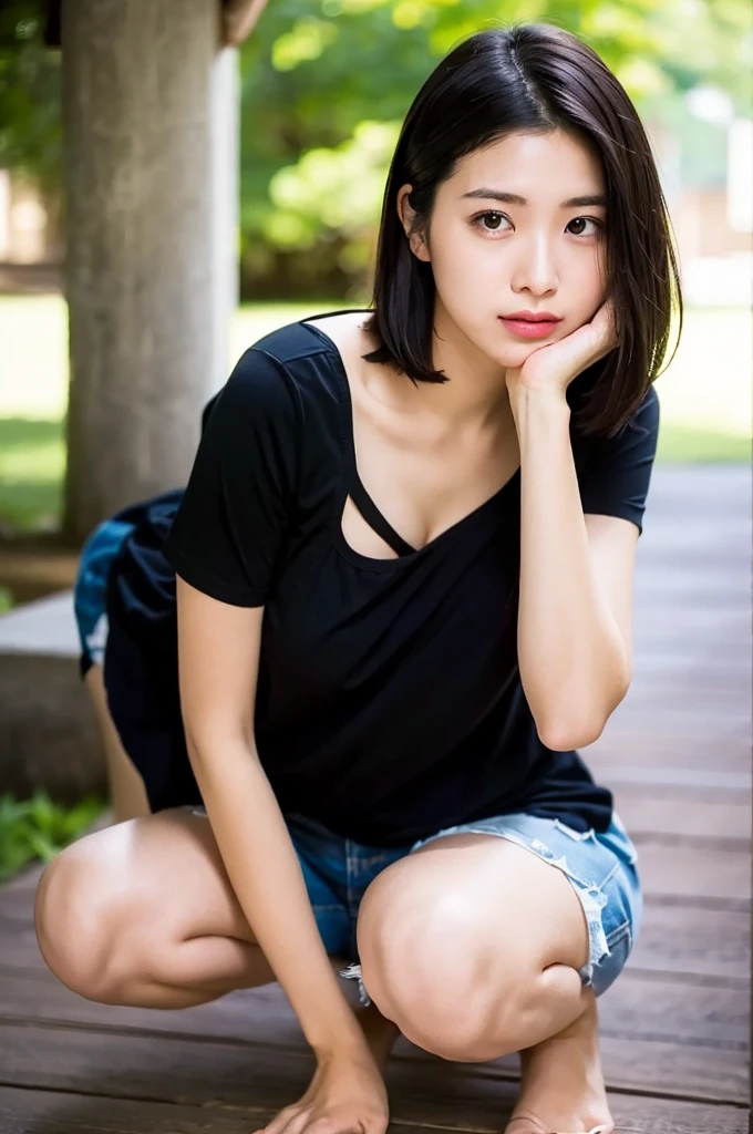 (8K、top-quality、​masterpiece:1.2)、(reallistic、Photorealsitic:1.2)（plein air）（The tree々indoor barbecue area）（Tank Tops、shortpants）Kiss Face,sad Facial expression,embarassed expression,Alafed Girl, chiho, iwakura lain, closeup Iwakura Lain, With short hair, Shiori Teshirogi, Kotegawa Yui, hime-cut, She is , sui ishida with black hair, lain iwakura, girl cute-fine-face, Clear pubic contours,(Small breasts), hight resolution, ighly detailed, top-quality, [​masterpiece:1.6],, ighly detailed, nffsw, finely detail, top-quality, (Raw photography:1.2)、(Photorealsitic:1.4)、（Kneeling Pose – Kneeling Pose、Showing off cleavage、Pose Seductive）Negative Prompt