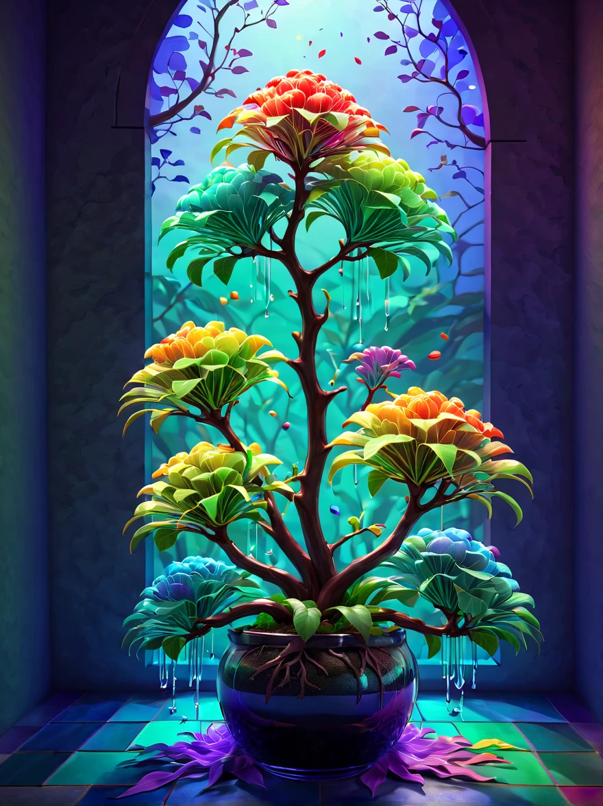 stained glass style,(a magical plant,Colorful rainbow corpse fragrant konjac),branches and leaves full of nectar, Plants covered in liquid, Cute 3d rendering, Rendered in Cinema 4D Octane, blender art, Cinema 4D color rendering, Very detailed happy photos, Render in Cinema4D, Colorful octane rendering, A vibrant, The beautiful, semi transparent, iintricate, Detailed pubic hair