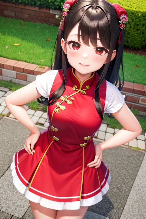 ultra - detailed，tmasterpiece，Best quality at best，love letter，blush blush，Yazawa Nico,red eyes, On the cheongsam,face flushed,Blunt hair,Curved body, On the ground, Beat the , upper legs，chubbiness，ssmile，both hands on hip，Overflowing breastig Cleavage，Look from the bottom up，look from down