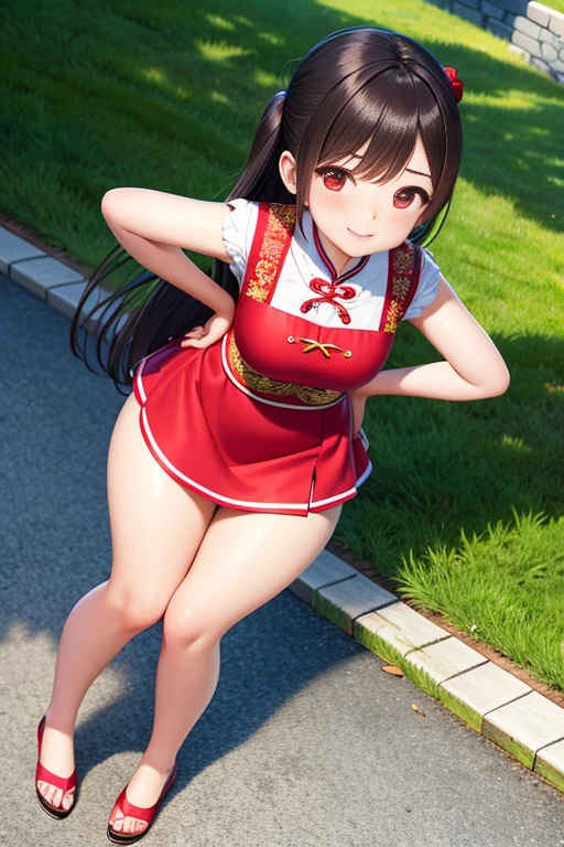 ultra - detailed,tmasterpiece,Best quality at best,love letter,blush blush,Yazawa Nico,red eyes, On the cheongsam,face flushed,Blunt hair,Curved body, On the ground, Beat the , upper legs,chubbiness,ssmile,both hands on hip,The camera looks from bottom to top,