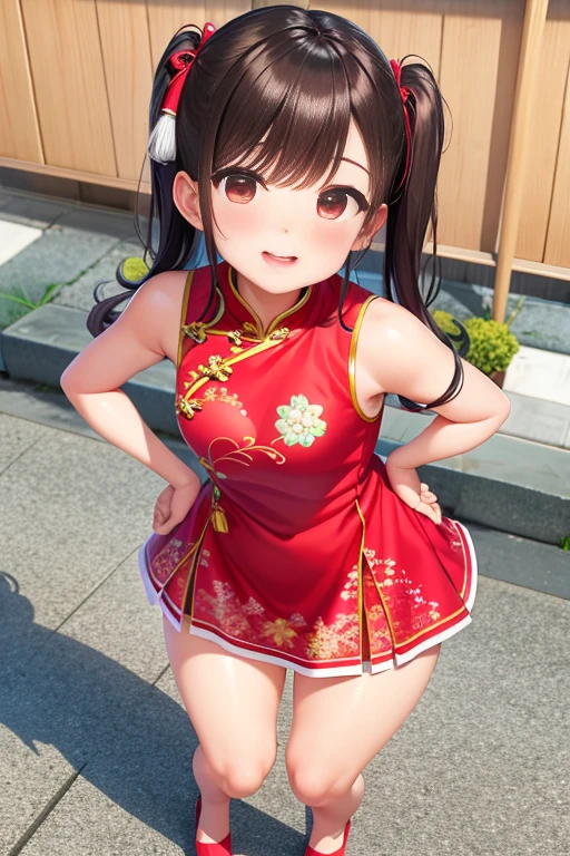 ultra - detailed,tmasterpiece,Best quality at best,love letter,blush blush,Yazawa Nico,red eyes, On the cheongsam,face flushed,Blunt hair,Curved body, On the ground, Beat the , upper legs,chubbiness,ssmile,both hands on hip,The camera looks from bottom to top,