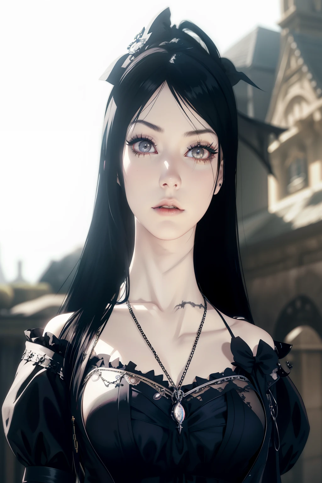 there is a woman with a necklace and a necklace on her neck, gothic maiden anime girl, gothic face, anime style. 8k, with long hair and piercing eyes, detailed long black hair, highly detailed character, gothic girl face, gothic maiden, anime styled 3d, with very highly detailed face, portrait of tifa lockhart, photorealistic anime girl render