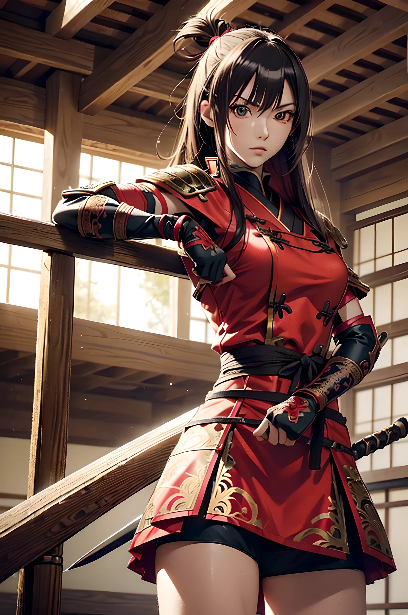 ((masutepiece))), (((Best Quality))), ((Ultra-detailed)), (Hyper-realistic), (High Definition CG Illustration), Cinematic Light, Photorealistic, Super beauty、femele ((ninjartist)) Extremely agile warrior, fitness, intricate-detail, Red Ninja Costume, two swords, Japanese 20 year old girl, (Liage Breast:1.3)