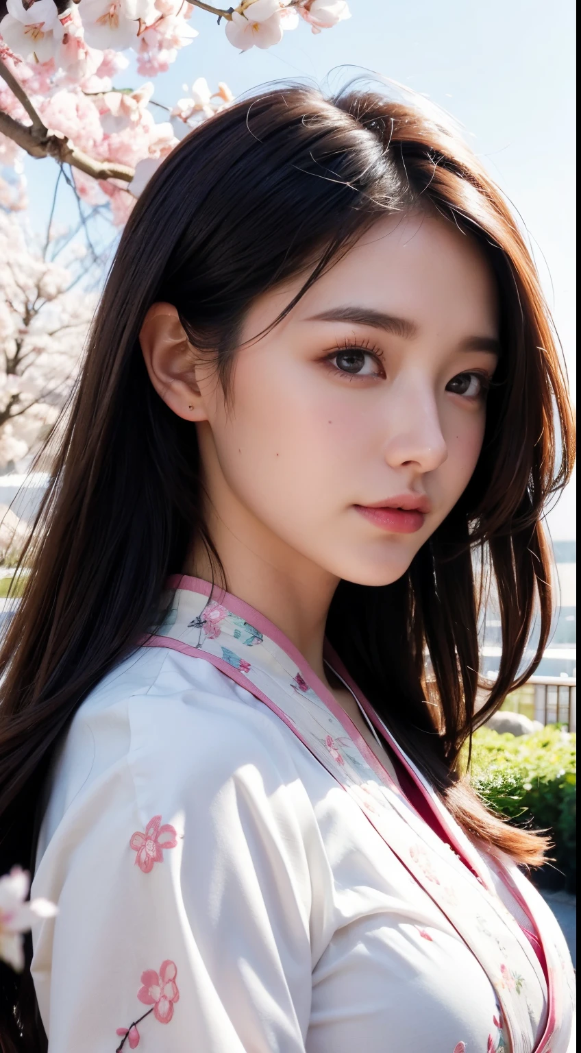 (A logo、​masterpiece、8K、masutepiece、Raw photo、Fantastic、Best Quality、8K wallpaper that combines photorealism and high-definition CG、hightquality、ighly detailed、epic poem、Particle effect、Dynamic effects、depth of fields、Cinematic Light、Lens Flare、Ray tracing)、Fantasia、 (Beauty 1 person、White Japanese Clothing、Japanese dress、White cherry blossom pattern、White cherry blossom embroidery pattern、A dark-haired、Beautiful face、Real Face、beautiful details eyes beautiful skin)、Hair flutters in the wind、Hair jumps、Pink cherry blossom tree、Petals flutter、Sakura blizzard、Superb view、morning glow、Sun in the background、the wind