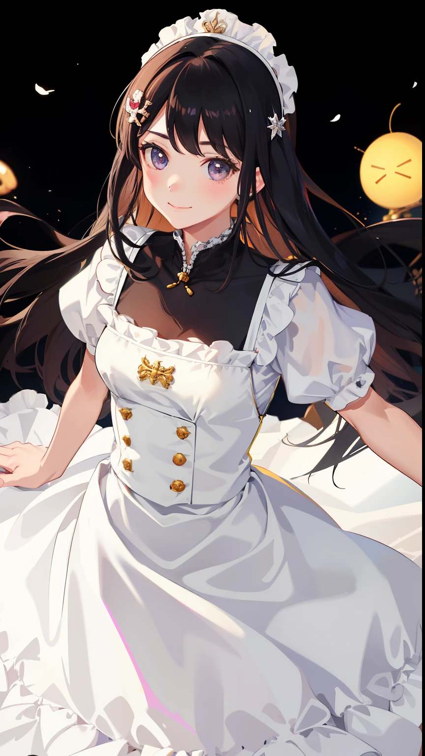 1girl in、A smile、Light in the eyes、The shirt、Blouse、skirt by the、pinafore、hair adornments、Maids、(maid's costume)、(small tits)Chilarism、movement、Upper body portrait、