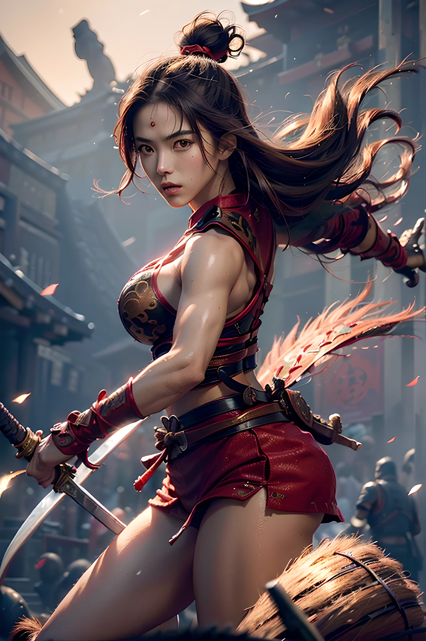 ((masutepiece))), (((Best Quality))), ((Ultra-detailed)), (Hyper-realistic), (High Definition CG Illustration), Cinematic Light, Photorealistic, Super beauty、femele ((ninjartist)) Extremely agile warrior, fitness, intricate-detail, Red Ninja Costume, two swords, Japanese 20 year old girl, (Liage Brest:1.3)