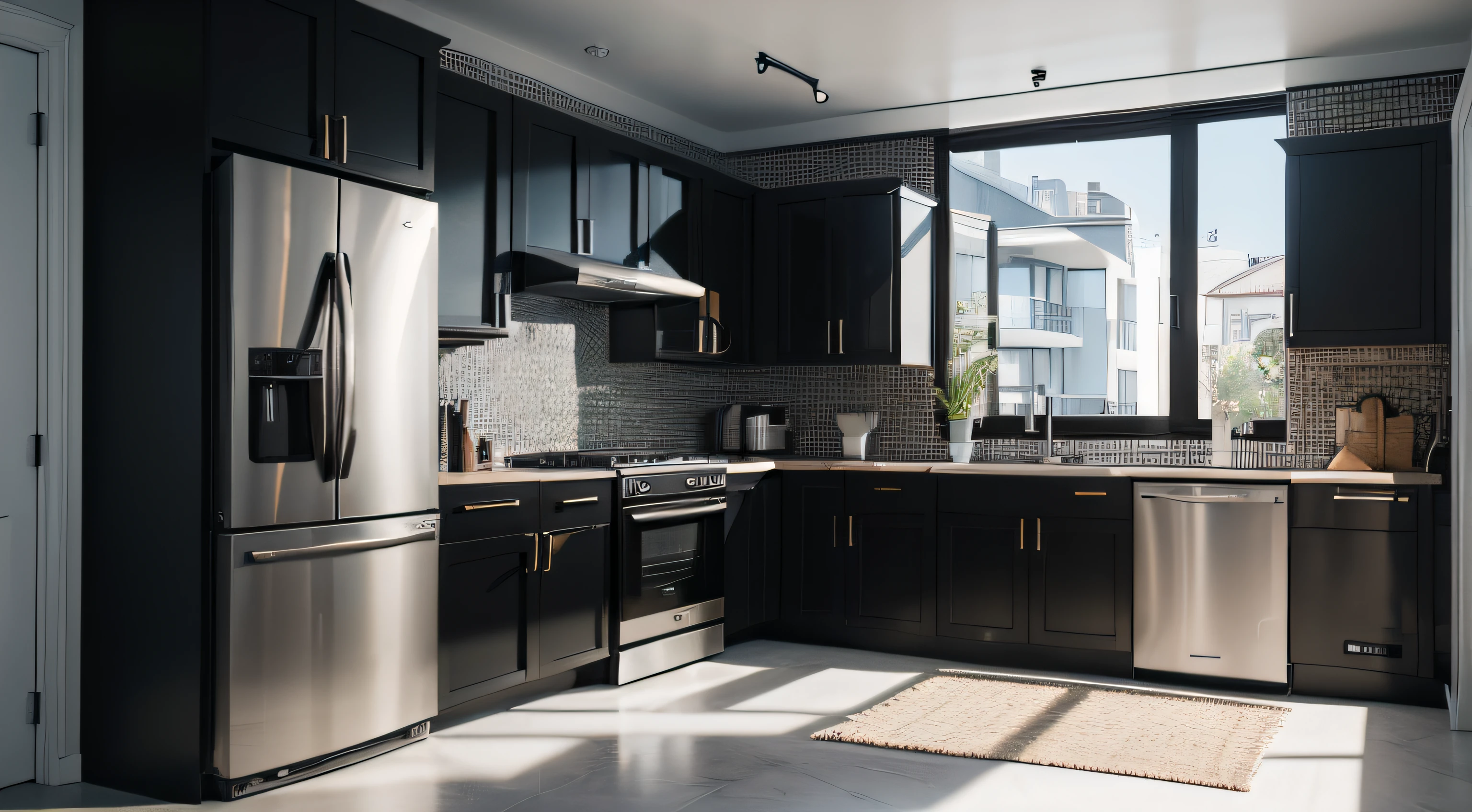 have a black kitchen,Comes with dishwasher and sink, Thomas Bock (Thomas Bock) a 3D render, CG Association Competition Winners, purity, armored car, computer generated, Product renderings, hyperrealistic”, hyperrealistic”, Depicted as a 3D rendering, Hyper-realistic rendering, Hyper-realistic rendering, highly photographic render, Semi-realistic rendering, great sense of depth