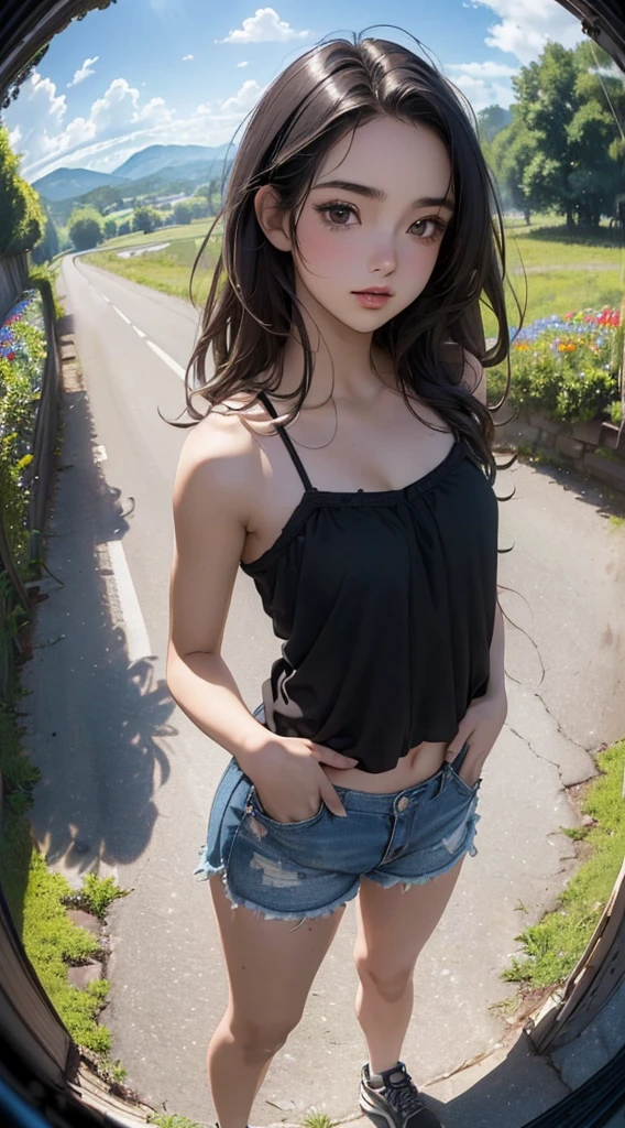 ((8k wallpaper of extremely detailed CG unit, ​masterpiece, hight resolution, top-quality)), (Beautuful Women, Plump lips, Hands in pockets:1.5, Grunge Fashion, Wearing a camisole:1.2, Wearing micro mini shorts:1.2, Wearing sneakers:1.2), ((extra detailed face, Highly detailed black eyes, extra detailed body, Top quality real texture skins)), (A dark-haired, hair messy, de pele branca, Small:1.3, Exposed belly, exposed shoulders and arms), (country road, Wildflowers, Beautiful blue sky, suns), (high-angle, Fisheye:1.3), hyper realisitic, digitial painting,