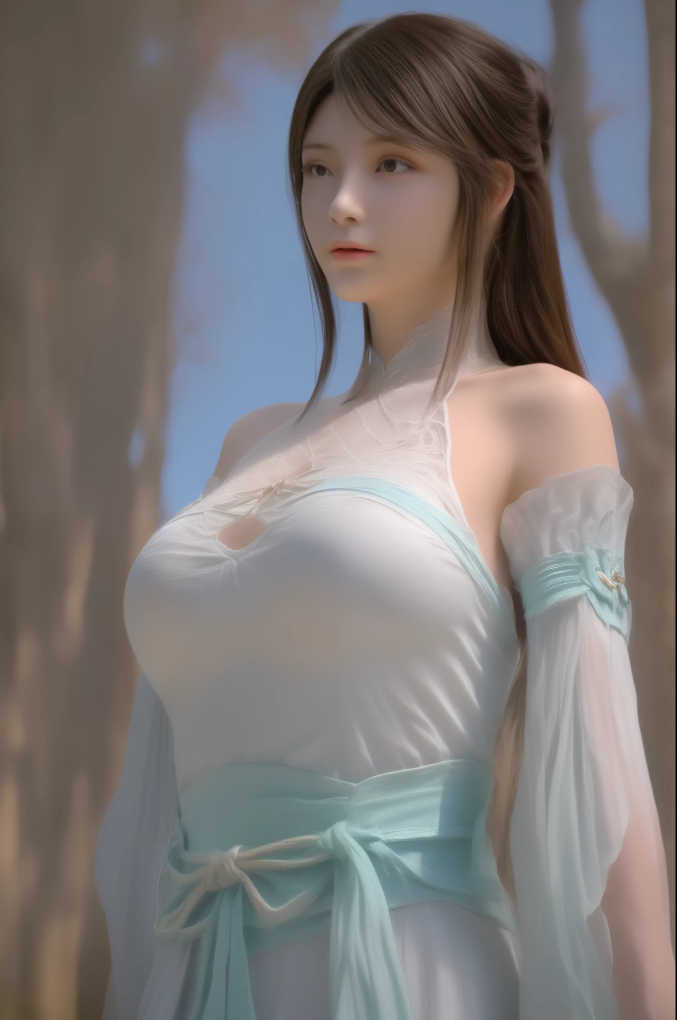 (8k, RAW Photos: 1.2), Best Quality, Illustration, Beautiful Painting, 1 sexy happy girl, Beautiful Face, Delicate Skin, Gorgeous Bun, Hair Accessories, lace Hanfu with bikini bottom, Full Body, High Detail, Accent, Color Ink Painting, (((colorful)), lycoris, Sketch, Denoising, Dramatic, Cinematic, White background, Super High Resolution, Best Shadow, RAW, (HDR) (wallpaper) (Cinematic lighting) (sharp focuasterpiece, (Very detailed CG unified 8k wallpaper), (gigantic breasts:1.2), bamboo trees, Sakura forest,