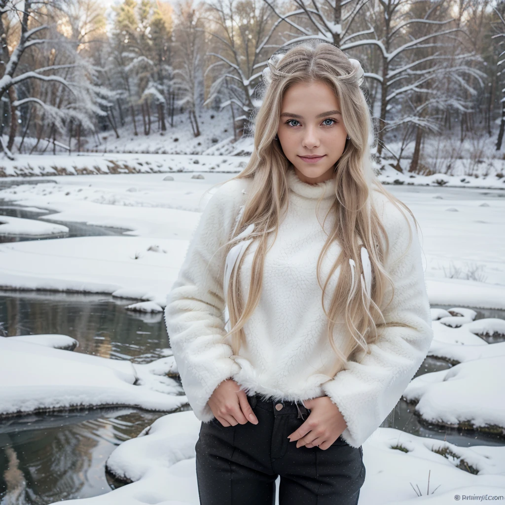 Nikon Z 85mm, Beautiful, one Petite 20-year-old supermodel, long blond hair, Bright gray eyes, ((High detailed skin, Skin Details)), Sharp Focus, 8K UHD, Digital SLR, High quality, gorgeous russian face, smiling, very realistic, ((wearing fluffy white fur coat)), and turtle neck sweater, black pants. standing by a river. top perspective. Snow trees on background