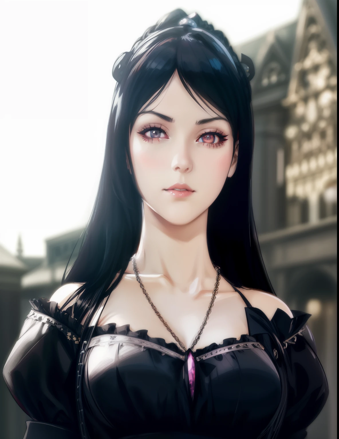 there is a woman with a necklace and a necklace on her neck, gothic maiden anime girl, gothic face, anime style. 8k, with long hair and piercing eyes, detailed long black hair, highly detailed character, gothic maiden, gothic girl face, anime styled 3d, with very highly detailed face, portrait of tifa lockhart, photorealistic anime girl render