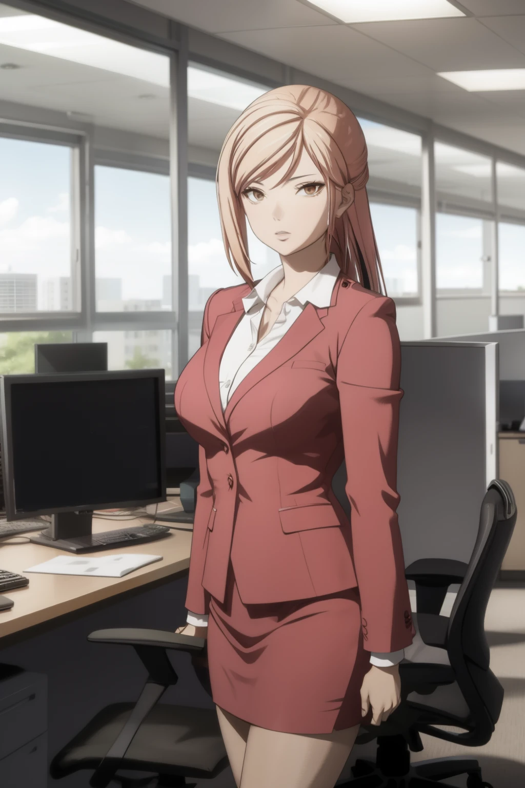 Akiyama Kaede, standing in the office,