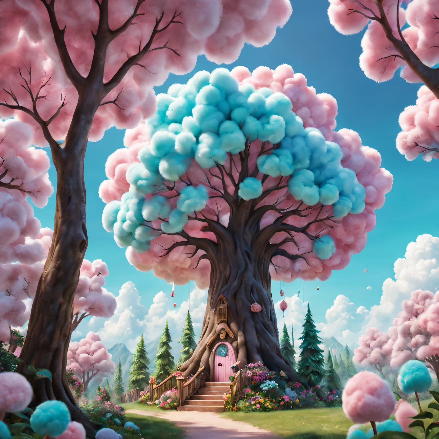 cotton candy treeest quality at best,4K,8K,A high resolution,tmasterpiece:1.2),ultra - detailed,(actual,realisticlying,Photorealistic:1.37),Sweet,vivd colour,Whimsical,giant tree,soft sky,Fluffy clouds,Fairytale,Tasty,tree branch filled with candy,sugar coated leaves,Sparkling,Soft and chewy,Happy kids,Playful,cheerfulness,夏天,an enchanted forest,enjoyable,imagination,stas,Light and airy,enjoy,Cleavage is seductive,Irresistible,fanciful,edible,indulgent,towering,Pleasant,heart-stirring,Iridescent,Candy heaven
