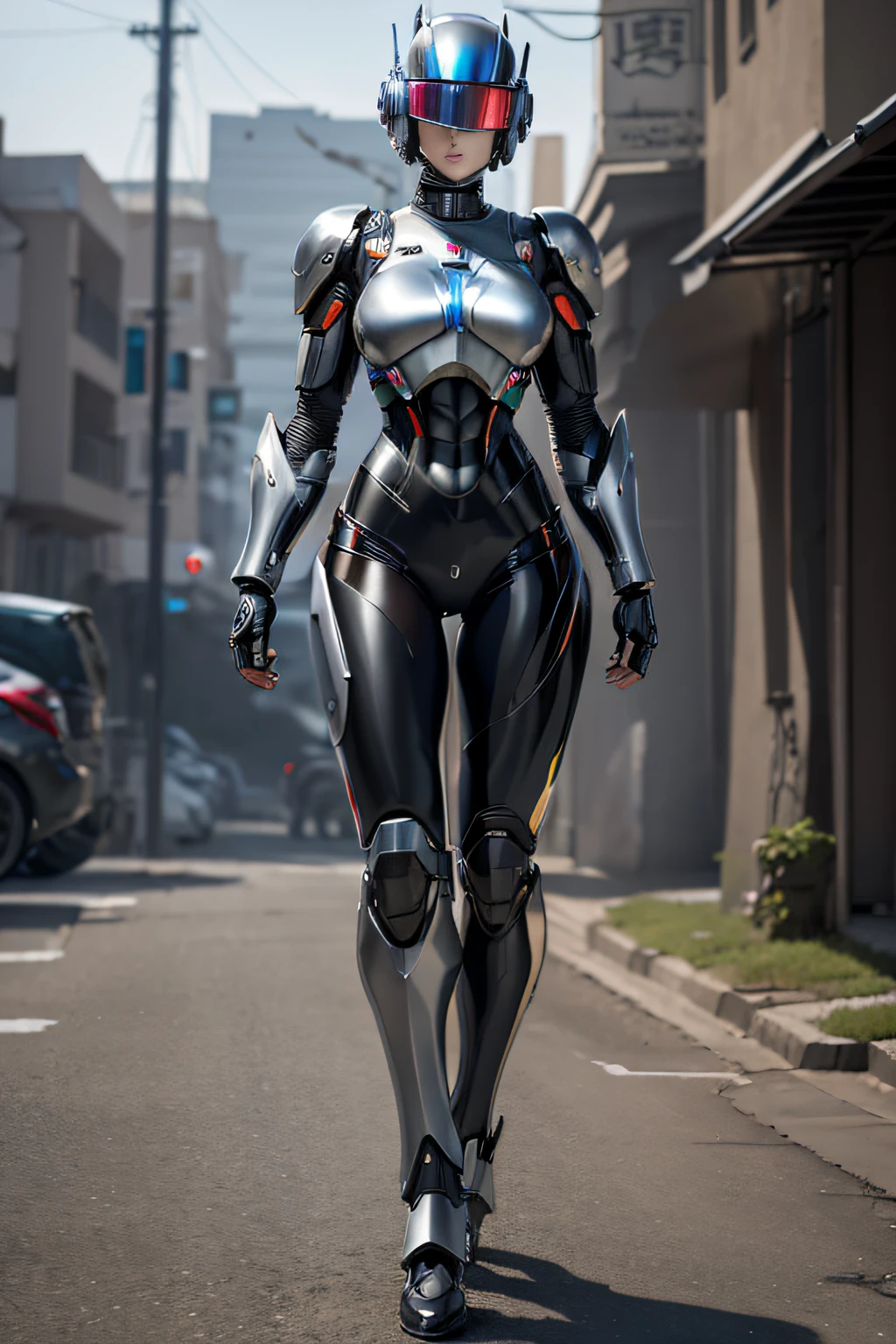 Female RoboCop、Armor that completely covers the whole body、very large armor、Helmet to hide your eyes、Rainbow Armor、Armor that completely covers the chest、Slender and long legs、Vibrant Posel Body View