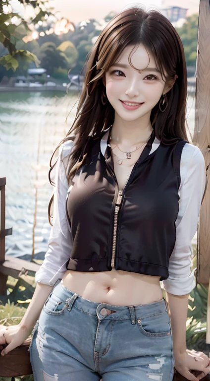 vests, masterpiece, hight resolution, 1 persons、1 rapariga, red blush, (seducting smile: 0.8), hairaccessories, a necklace, jia, Tindall Effect, 真实感, Light Edge, Two-tone lighting, (highdetailskin: 1.2), 8K Ultra HD, Digital SLR, hightquality, volume illumination, Sneak Peek, a picture, hight resolution, 4K, 8K, Background bokeh, Gorgeous clothes, 耳环, 35 mm, High Detail Hair, The upper part of the body, Bust, portlate, Ultra-clear face, (by lake、Pasture、a park)、Huge chest on the verge of bursting、Lively poses、Cute smile、Pose Seductive、Nasty figure、