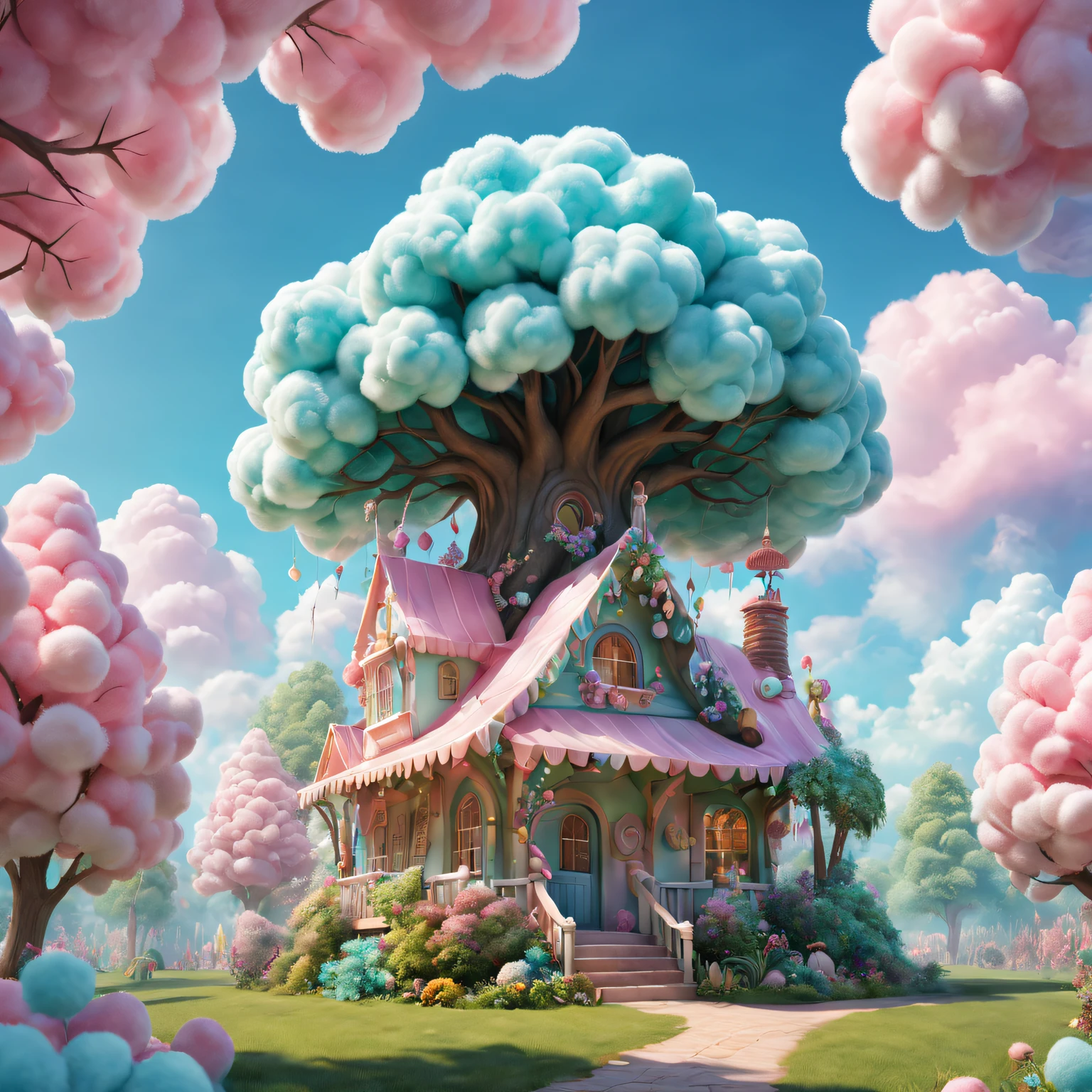cotton candy treeest quality at best,4K,8K,A high resolution,tmasterpiece:1.2),ultra - detailed,(actual,realisticlying,Photorealistic:1.37),Sweet,vivd colour,Whimsical,giant tree,soft sky,Fluffy clouds,Fairytale,Tasty,tree branch filled with candy,sugar coated leaves,Sparkling,Soft and chewy,Happy kids,Playful,cheerfulness,夏天,an enchanted forest,enjoyable,imagination,stas,Light and airy,enjoy,Cleavage is seductive,Irresistible,fanciful,edible,indulgent,towering,Pleasant,heart-stirring,Iridescent,Candy heaven