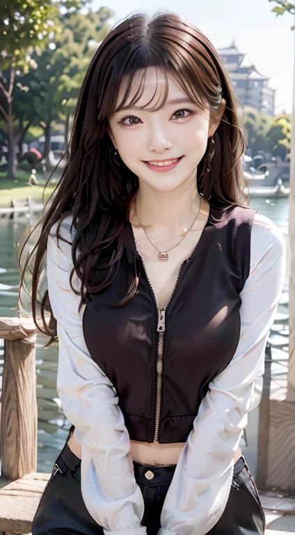 vests, masterpiece, hight resolution, 1 persons、1 rapariga, red blush, (seducting smile: 0.8), hairaccessories, a necklace, jia, Tindall Effect, 真实感, Light Edge, Two-tone lighting, (highdetailskin: 1.2), 8K Ultra HD, Digital SLR, hightquality, volume illumination, Sneak Peek, a picture, hight resolution, 4K, 8K, Background bokeh, Gorgeous clothes, 耳环, 35 mm, High Detail Hair, The upper part of the body, Bust, portlate, Ultra-clear face, (by lake、Pasture、a park)、Huge chest on the verge of bursting、Lively poses、Cute smile、Pose Seductive、Awkward figure、Nasty、