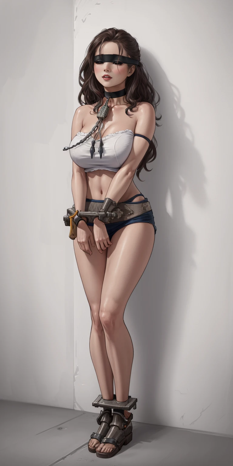 (Masterpiece), full body of a cleric female, big breast, detailed face, , full portrait, standing straight, shackles on arms and legs, black chocker on neck, SFW, blindfolded