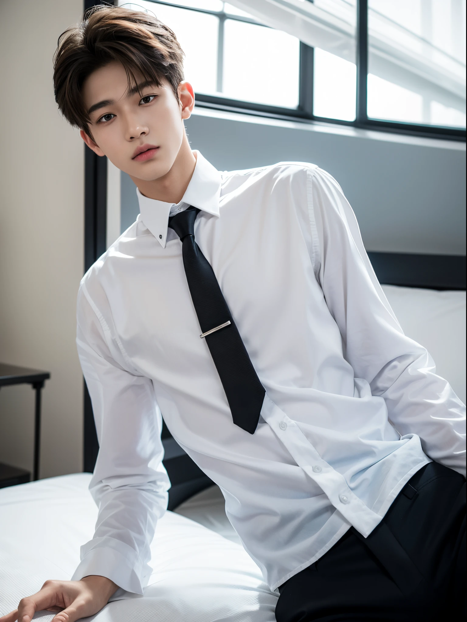 boy, y.o, handsome, white shirt, black pants, tie